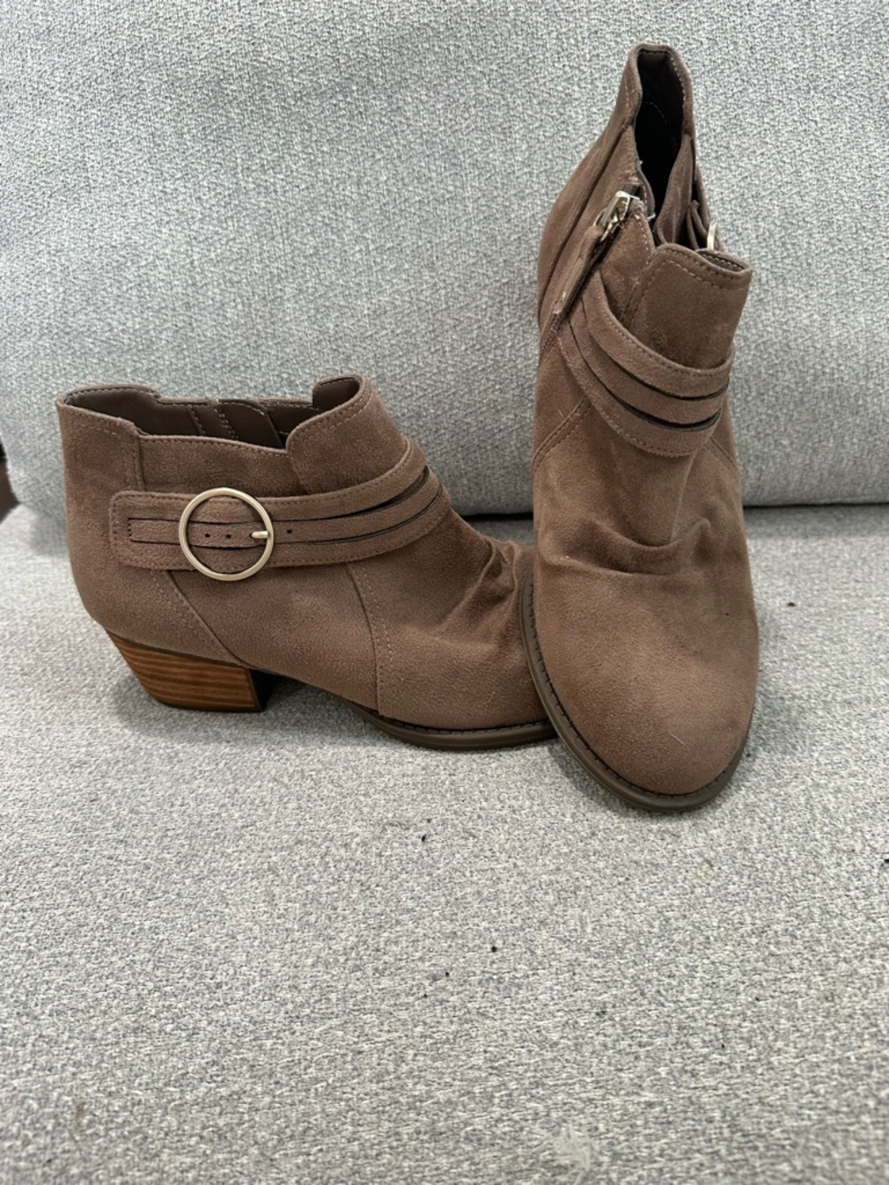 Women’s Taupe Suede Ankle Boots with Buckle Detail